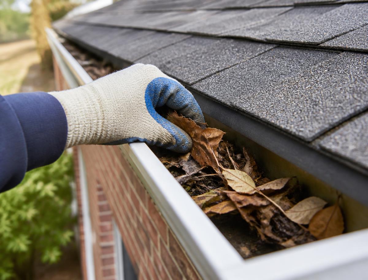 Gloved hand removing leaves and debris from a residential gutter